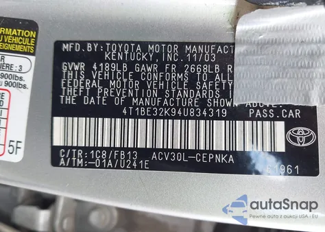 2004 Toyota Camry Le z USA, uszkodzony, nr VIN 4T1BE32K94U834319